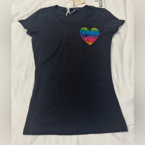 Love Moschino Tops - Love Moschino Rainbow Foil Heart Logo Tee 
Black US Size 2